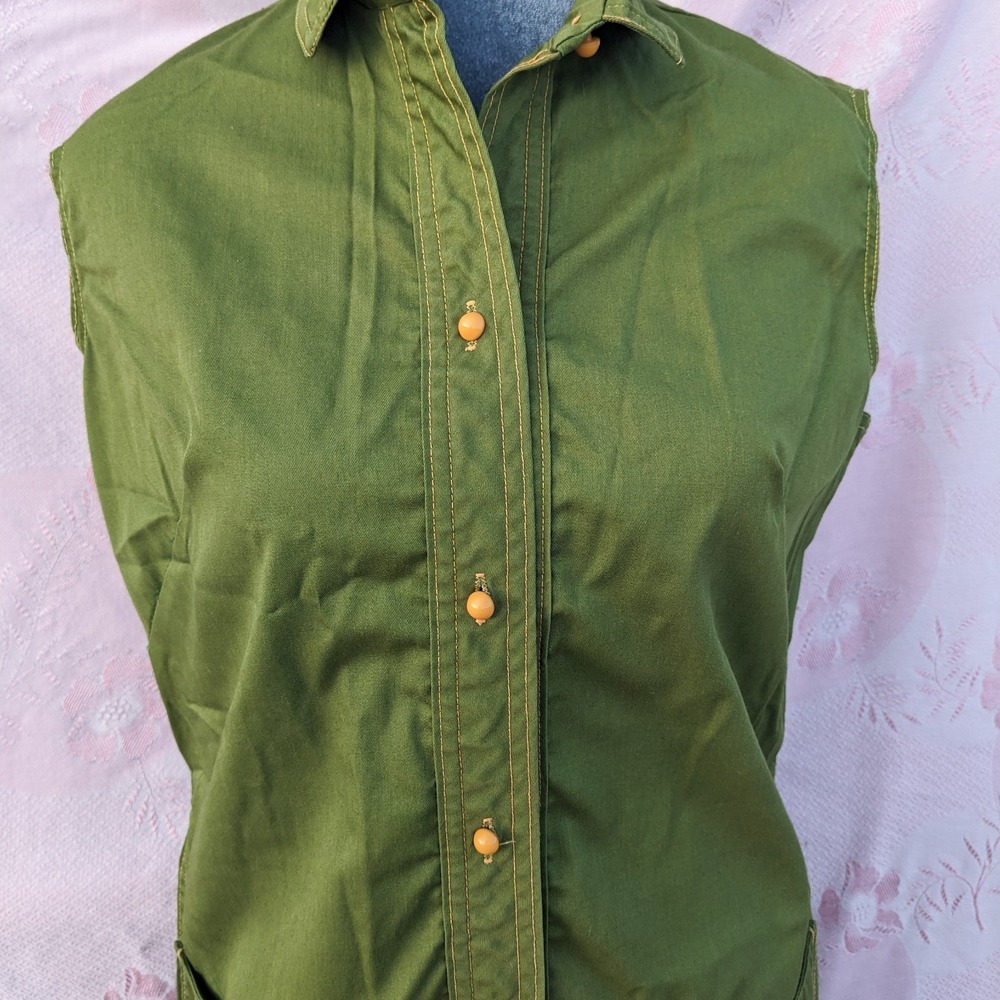 Vintage 60s 70s Mod Mini Dress M Olive Green Button Front Shift Twiggy Utility - Picture 7 of 14